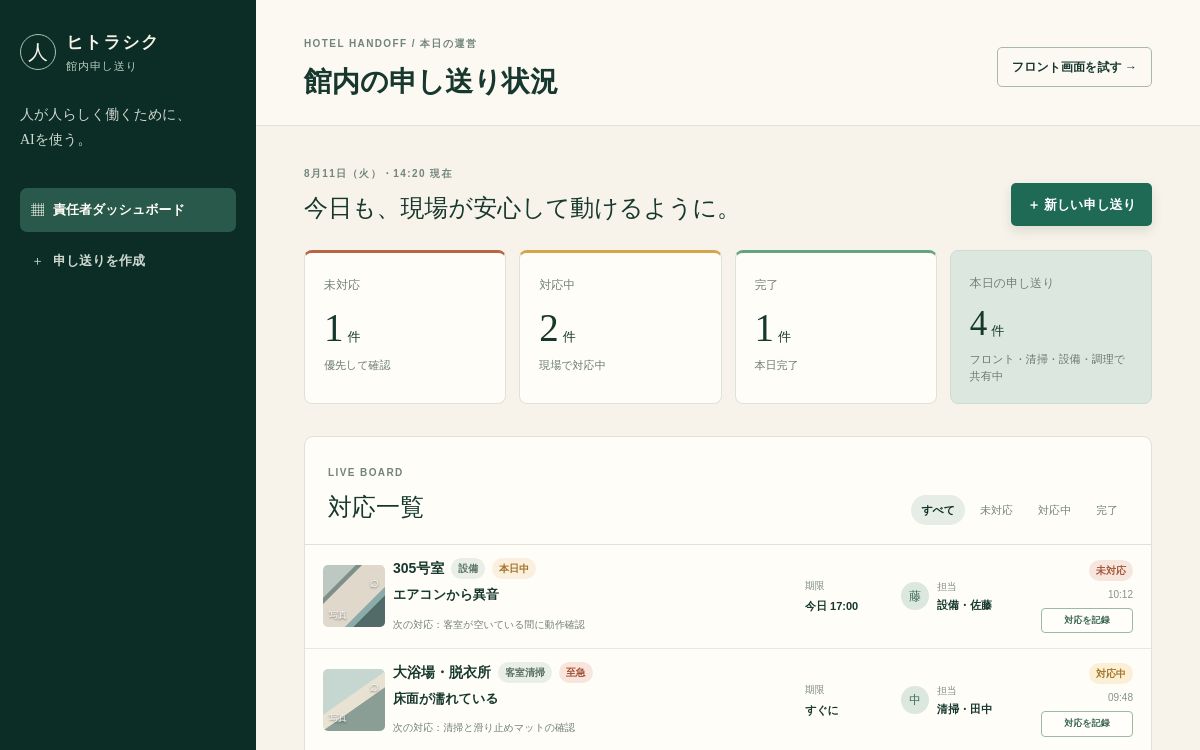 館内申し送りデモの責任者ダッシュボード画面
