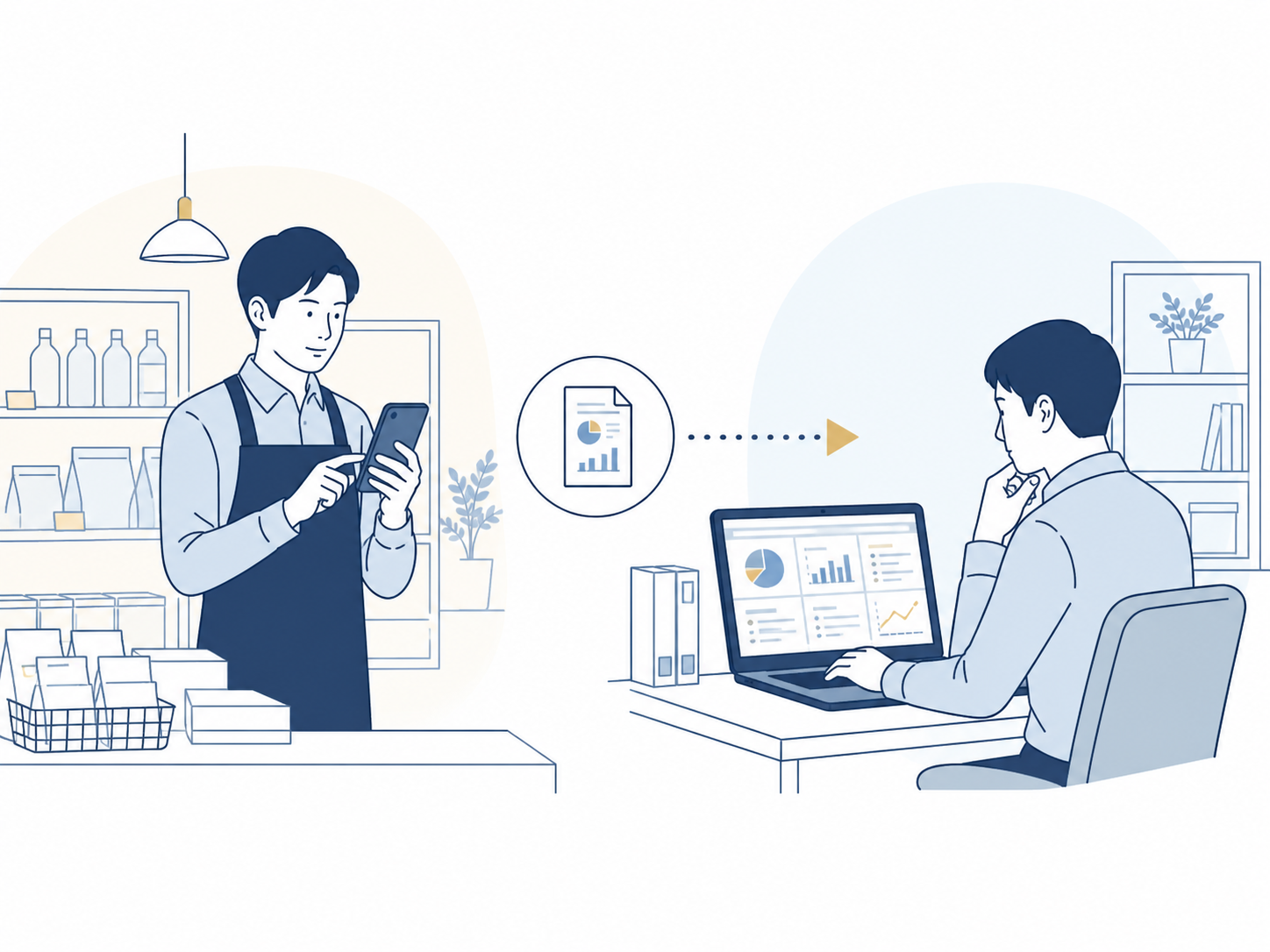店舗からの報告を本部で確認する流れのイラスト